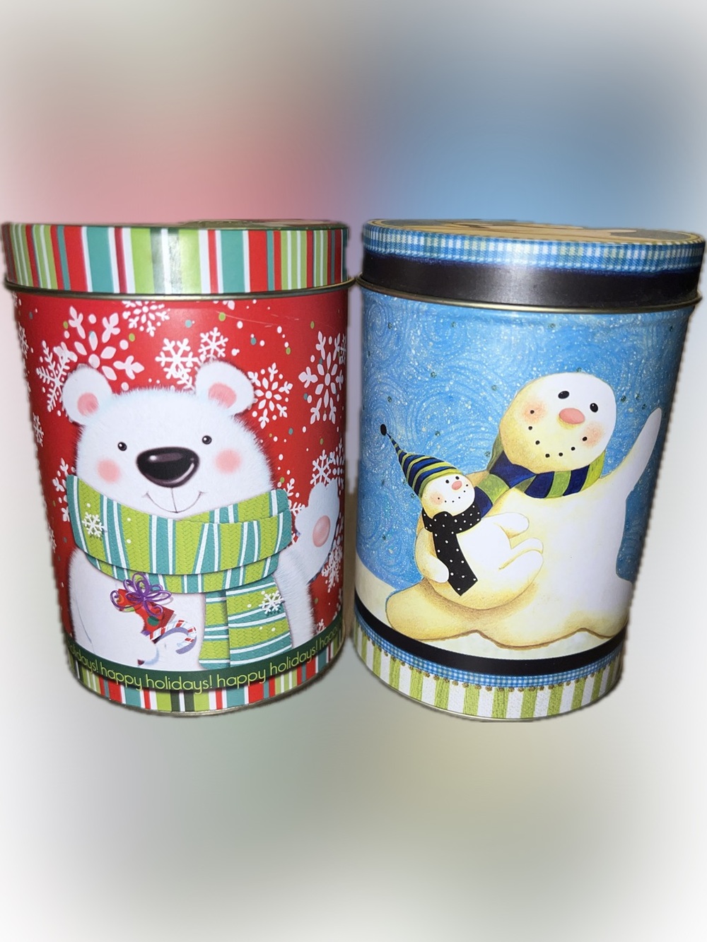 Holiday Polar Bear Snowman Decorative Tin Set Round Cylinder Gift Accent Decor